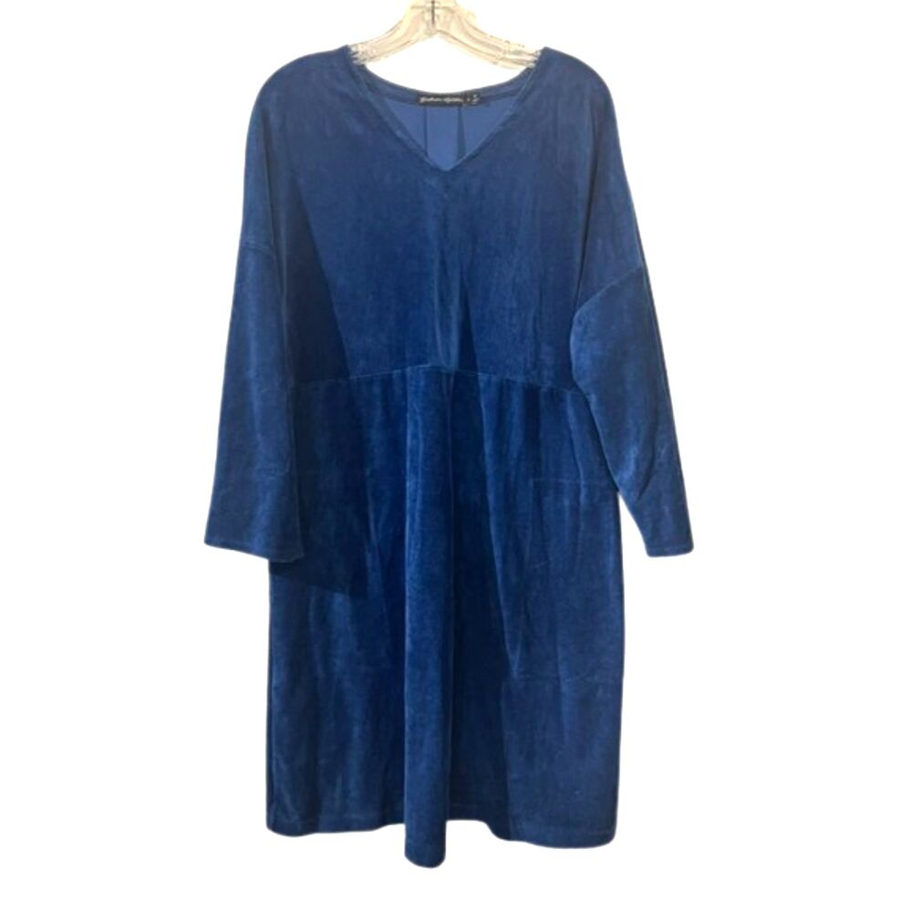 Gudrun Sjoden Ribbed Velour V-Neck Lagenlook Midi Dress Blue L Cotton Blend